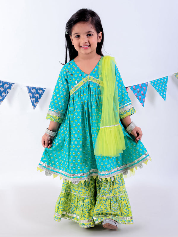 Girl's Green Cotton Jaipuri Print Kurta Sharara Set - Lil Drama