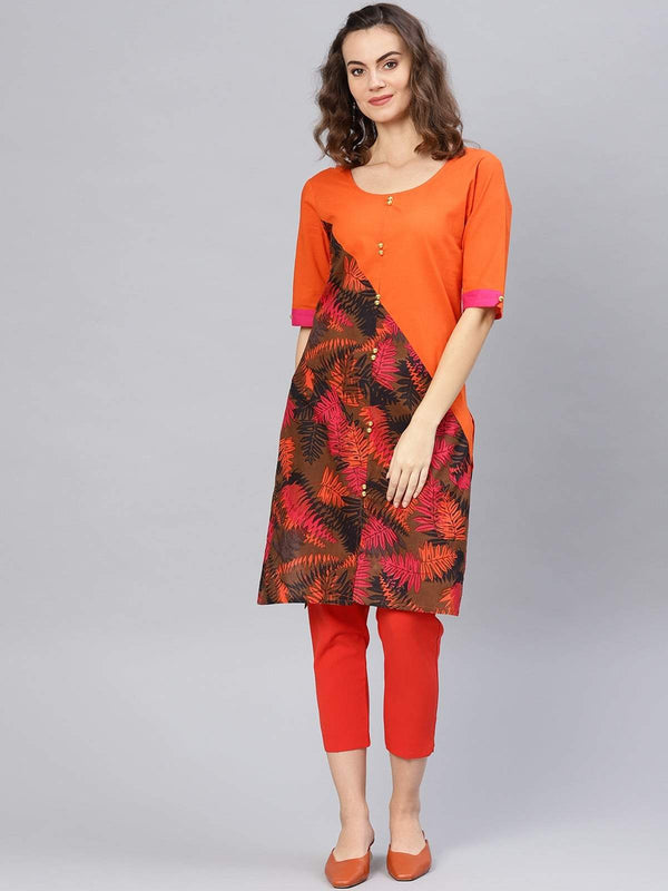 Women's Orange Leaf Print Diagonal Cut Kurta - Pannkh