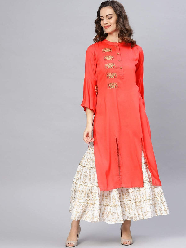 Women's Red Embroidered Bell Sleeves Straight Kurta - Pannkh