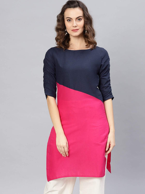 Women's 3/4sleeves Diagonal Color-Block Kurti - Pannkh