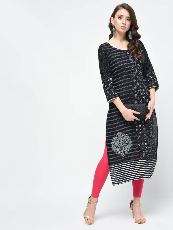 Women's Black Hand Block Print Straight Kurta Only - Cheera