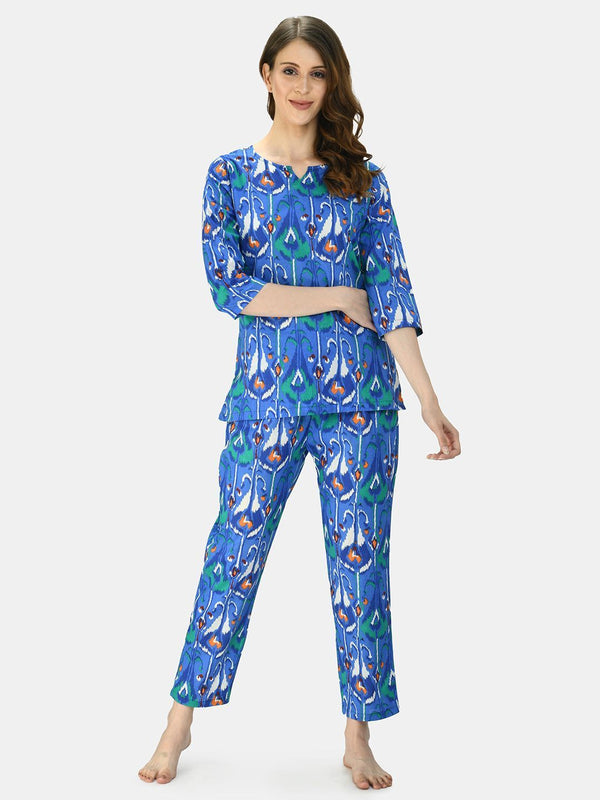 Women's Blue Cotton Printed Half Sleeve V Neck Casual Night Suit - Myshka