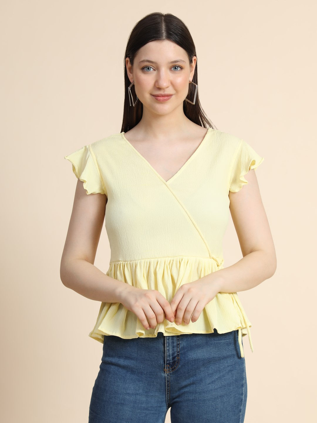 Women's Yellow Delta (Cotton Blend) Solid Angrakha Western Top - Keri Perry