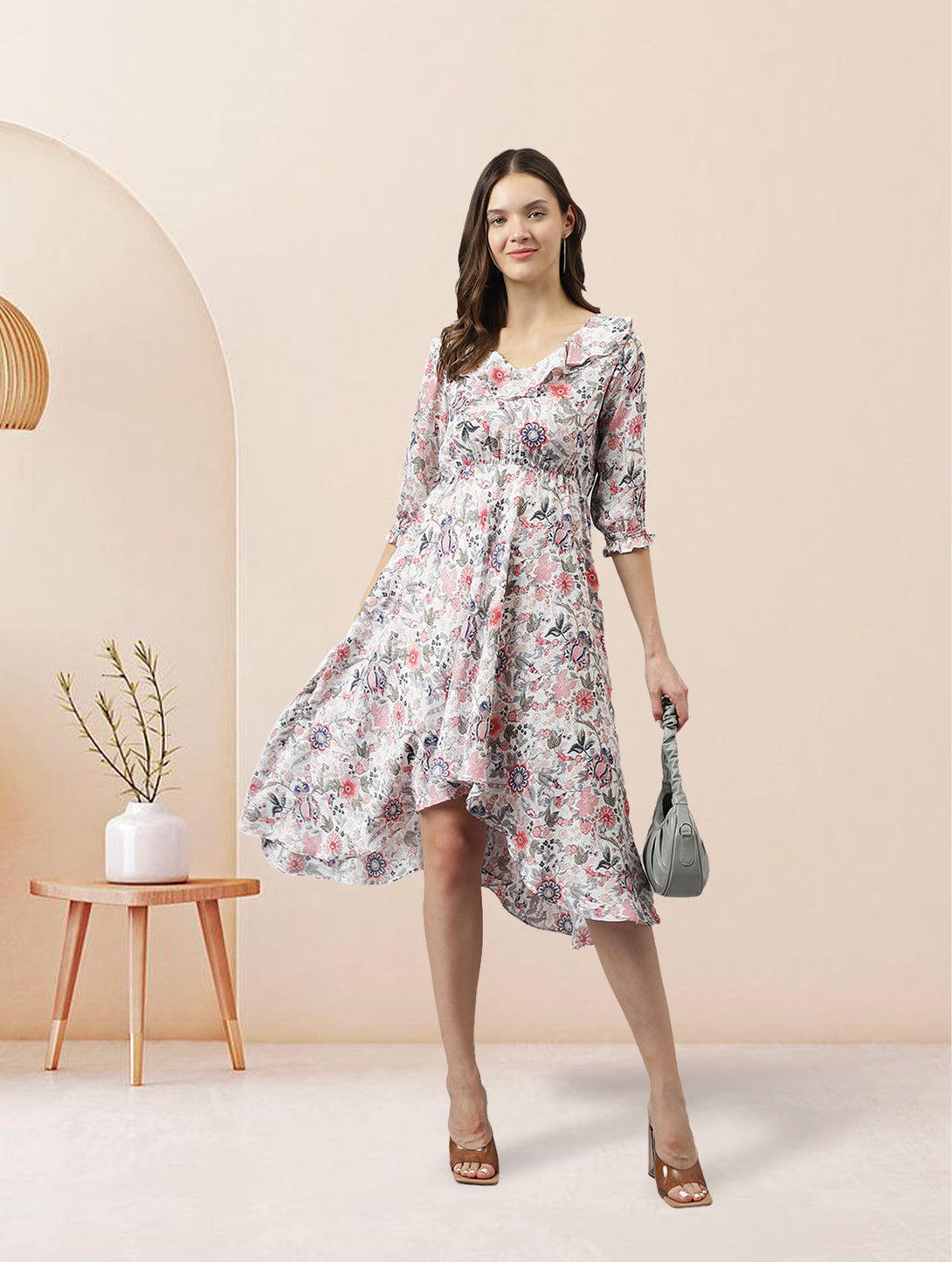 Women's White Rayon Floral High Low Western Dress - Keri Perry