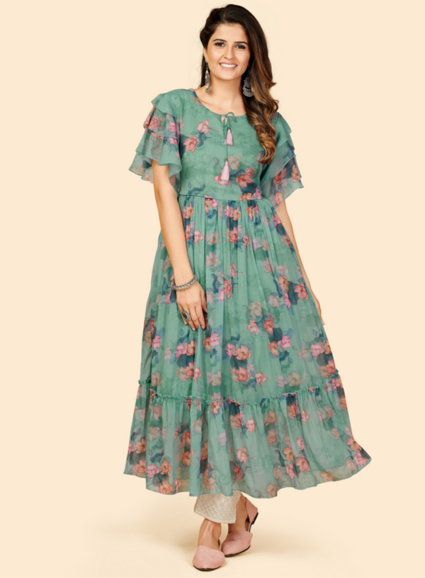 Women's Printed Anarkali Georgette Aqua Green Stitched Kurta (1Pc) - Vbuyz