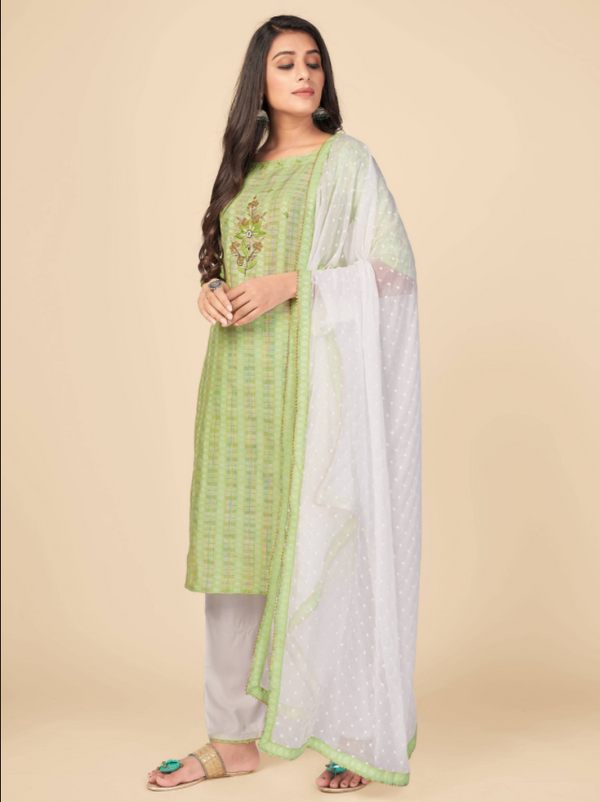 Women's Printed & Hand Work Straight Cotton Parrot Green Kurta Pant With Dupatta (3Pcs Set) - Vbuyz