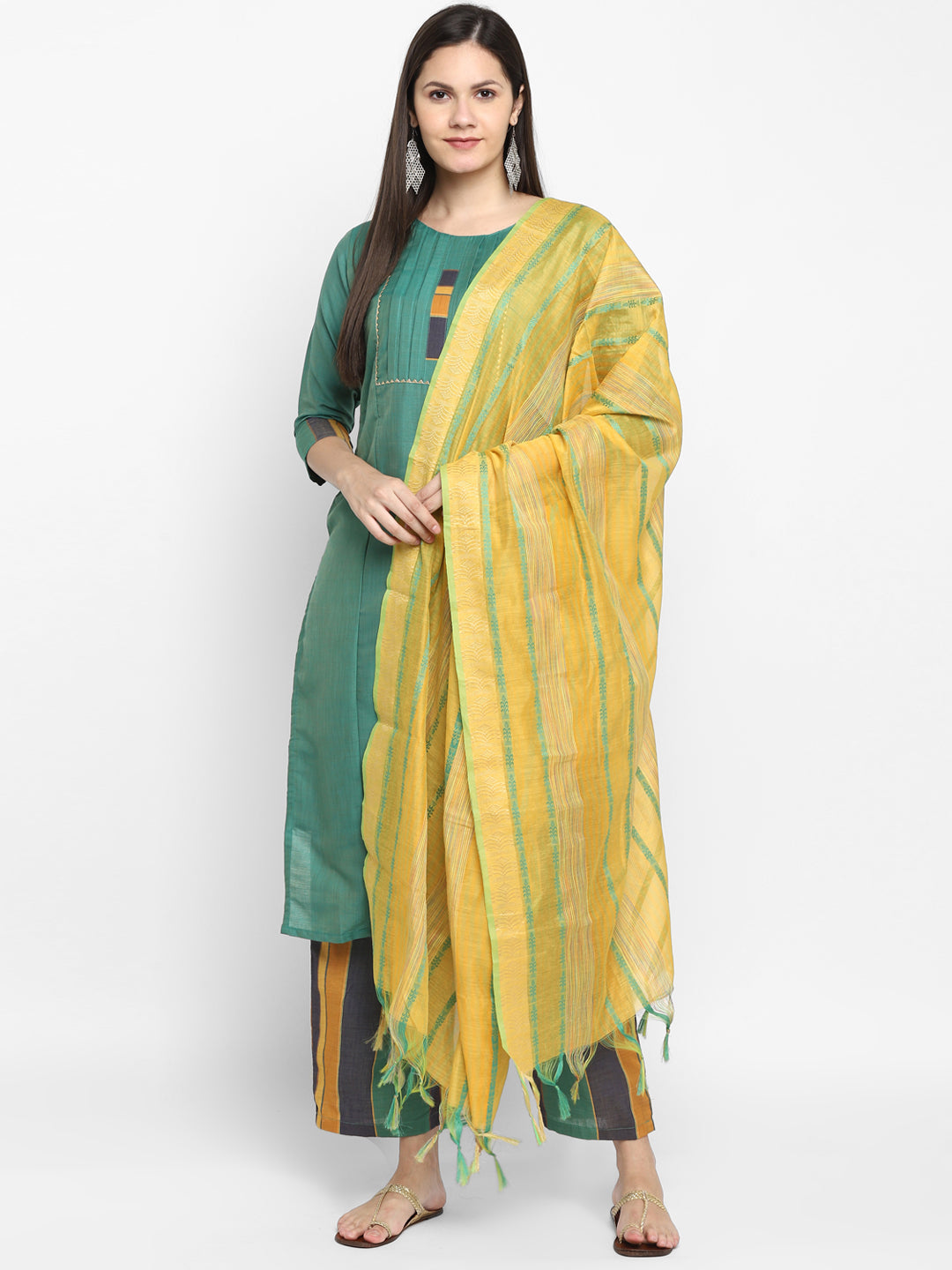 Women's Green Color Cotton Blend Solid Kurta Palazzo Set With Dupatta  - Vaaba