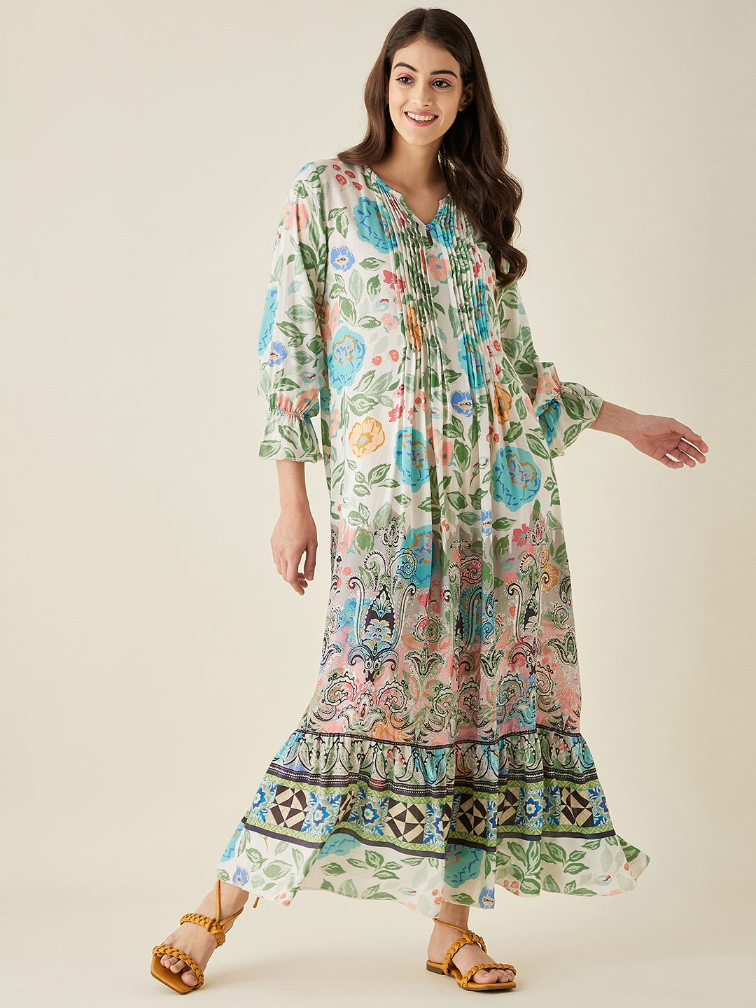 White Floral Printed Loungedress  - The Kaftan Company