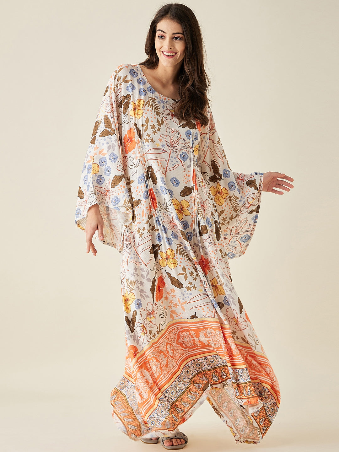 White Flora And Fauna Printed Loungedress  - The Kaftan Company