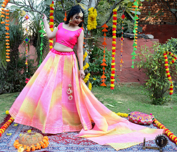 Women's Multicolored Striped Lehenga & Dupatta with Unstitched Blouse - Indi Inside