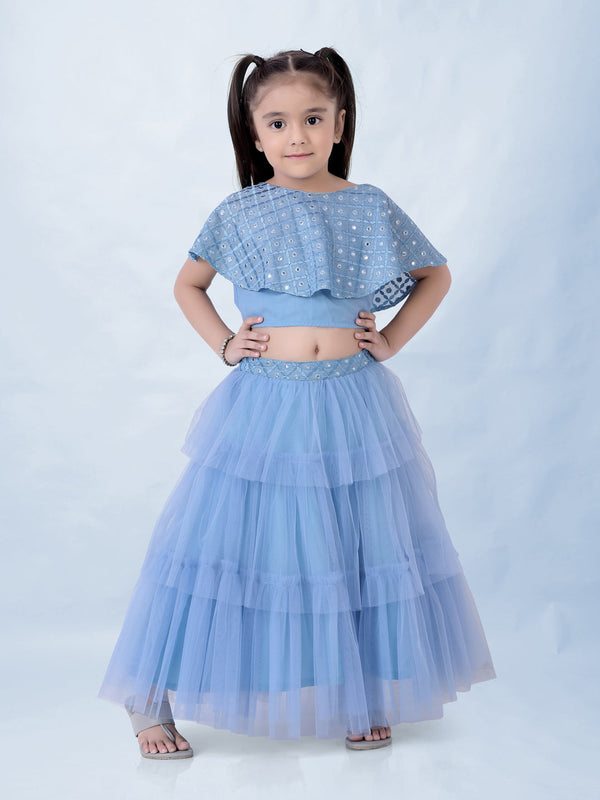 Girl's Faux Miror Flap Choli With Mesh Flared Ghaghra With Mirror Belt-Powder Blue - Lil Peacock