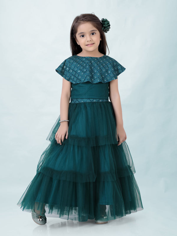 Girl's Faux Miror Flap Choli With Mesh Flared Ghaghra With Mirror Belt-Peacock Green - Lil Peacock