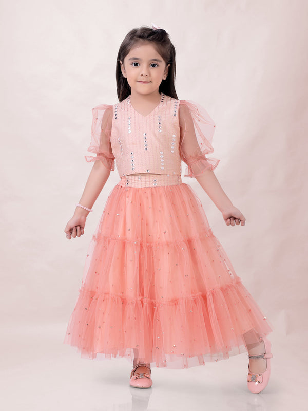 Girl's Faux Mirror Choli With Mesh Sequins Puff Sleeves , Tiered Sequins Ghaghra-Peach - Lil Peacock