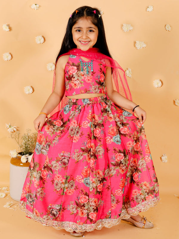 Girl's Floral Print Choli With Back Open & Umbrella Ghaghra With Chiffon Drape Dupatta & Latkan-Fuschia - Lil Peacock