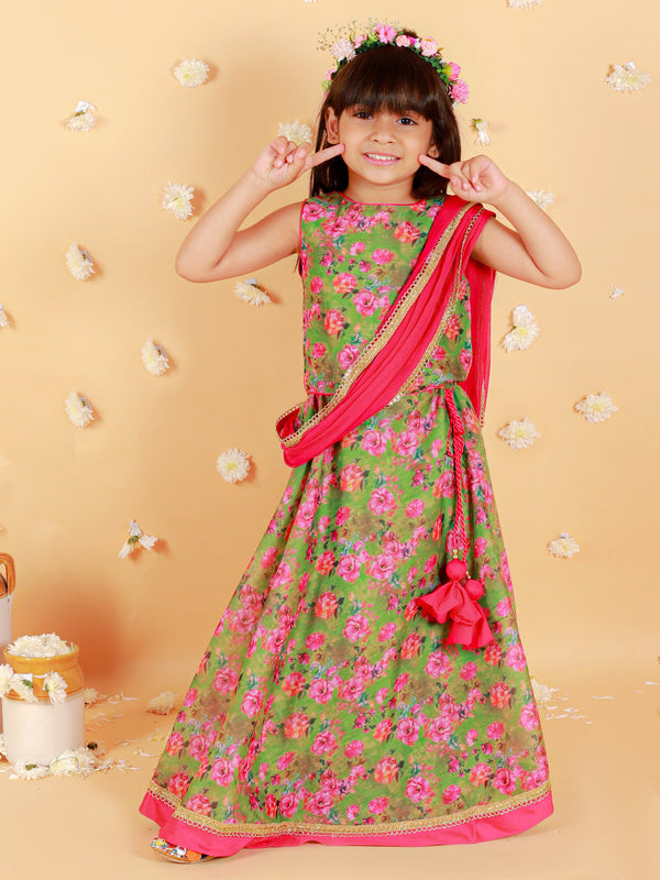 Girl's Floral Print Choli With Back Open & Umbrella Ghaghra With Chiffon Drape Dupatta & Latkan-Mehendi Green - Lil Peacock