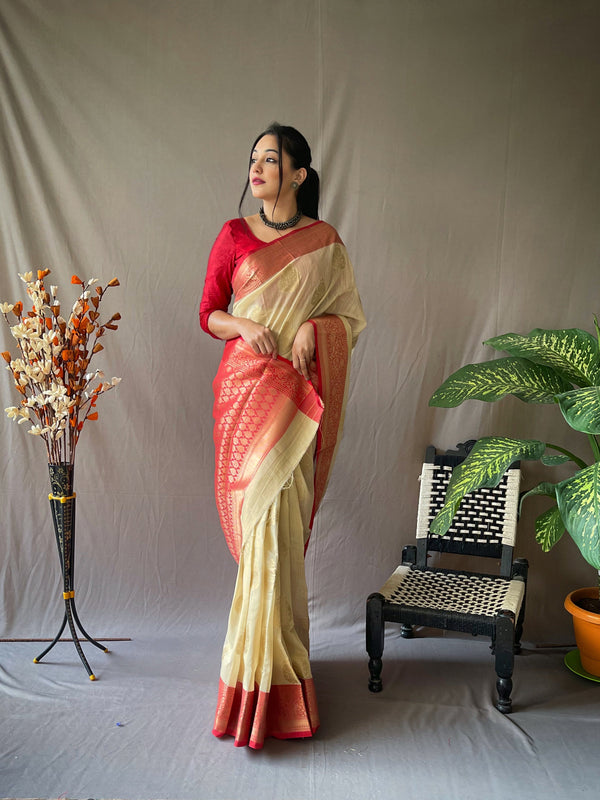 Women's Linen Contrast Woven Saree Ivory - Tasarika