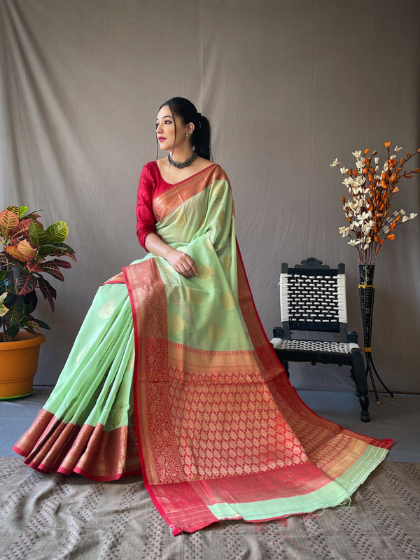 Women's Linen Contrast Woven Saree Green - Tasarika