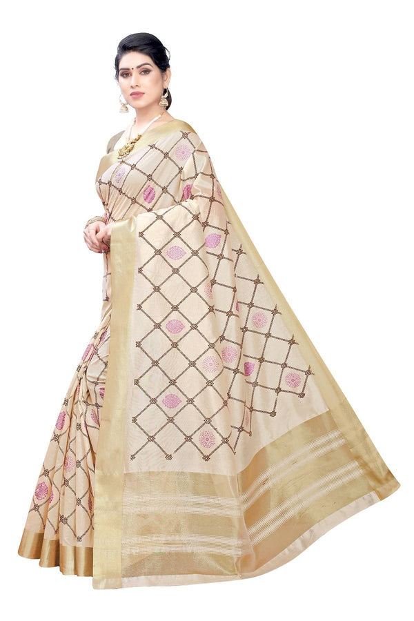 Women's Vamika Weaving Cream Cotton Polyester Silk Saree Kerala Checks - Vamika