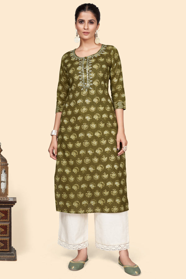 Women's Print & Embroidered Straight Cotton Mahendi Green Stitched Kurta - Vbuyz