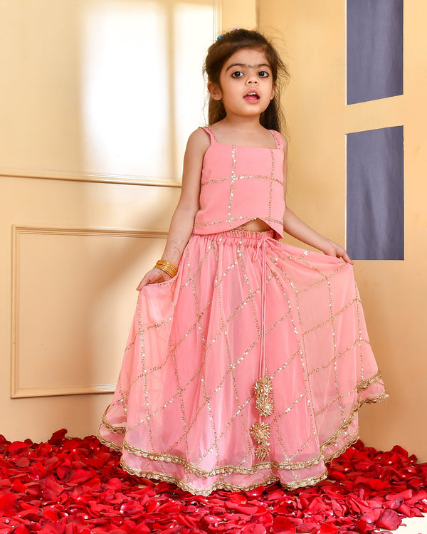 Girl's Peach Sequence Lehenga Set - Rangpur