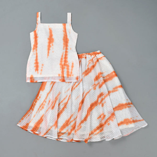 Girl's White Tie Dye Kurta Skirt Set - Rangpur