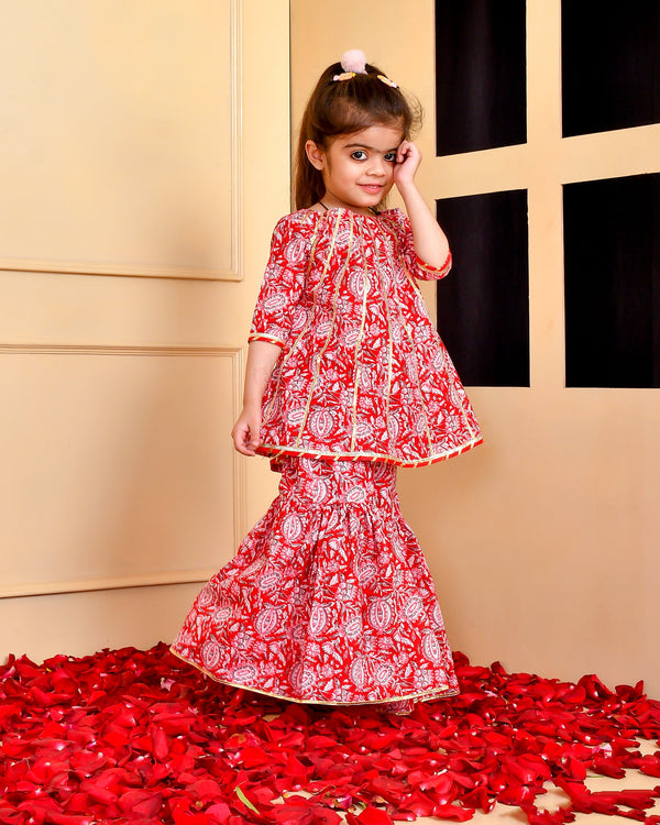 Girl's Red Block Print A Line Kurta Gharara Set - Rangpur