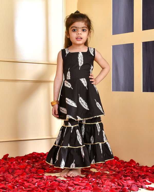 Girl's Black Leaf Peplum Kurta Gharara Set - Rangpur