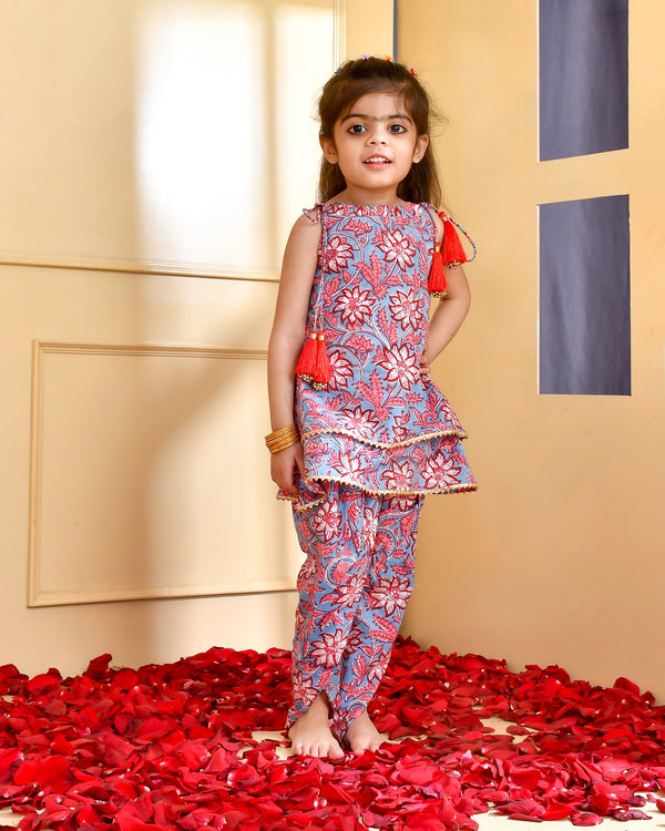 Girl's Floral Block Print Kurti and Dhoti Set - Rangpur