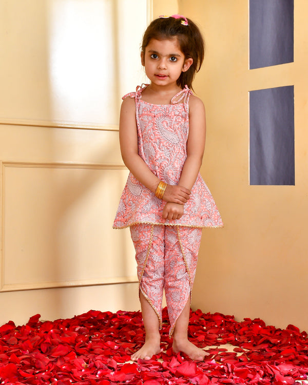 Girl's Peach Block Print Kurta Dhoti Set - Rangpur