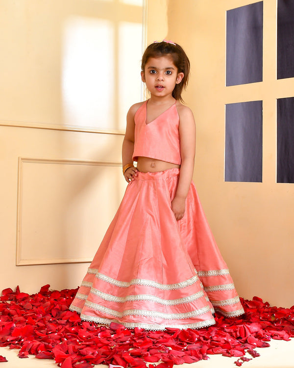 Girl's Peach Silk Lehenga Set - Rangpur