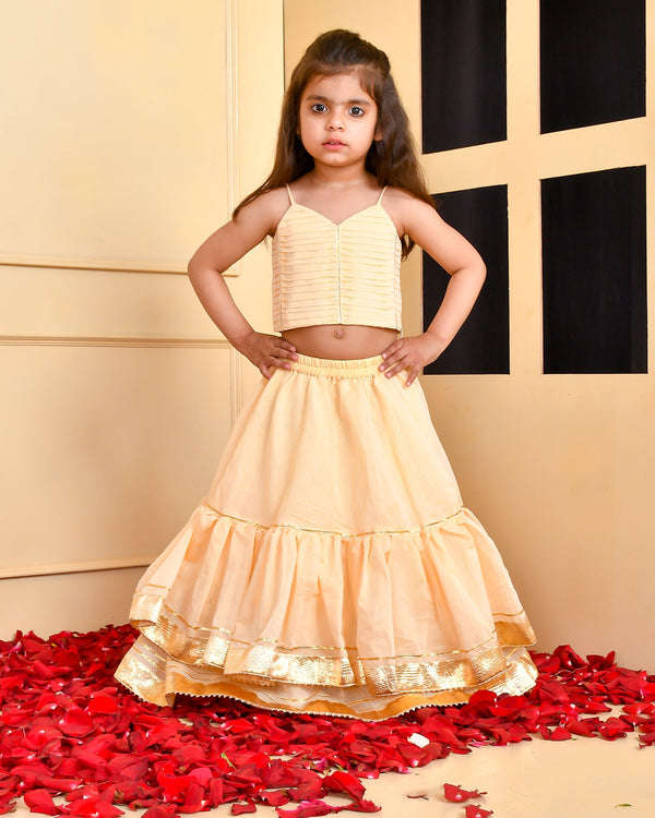 Girl's Beige top and Double Layered Lehenga Set - Rangpur