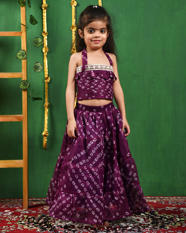 Girl's Wine Bandhani Lehenga Top Set - Rangpur