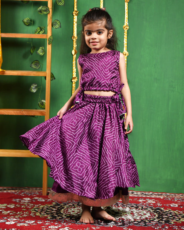 Girl's Wine Bandhani Lehenga Set - Rangpur