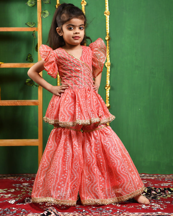 Girl's Peach Leheriya Printed Kurti With Lace Work Sharara Set - Rangpur