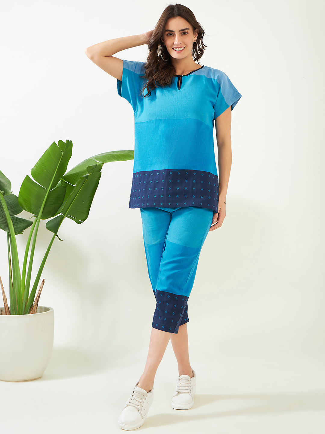 Women's Blue Colorblock Cotton Co-Ord Set - The Kaftan Company