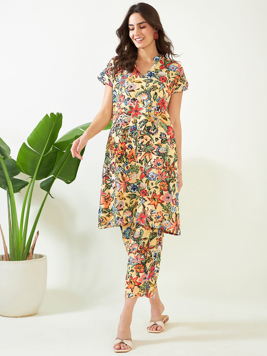 Women's Mystical Yellow Floral Co-Ord Set - The Kaftan Company