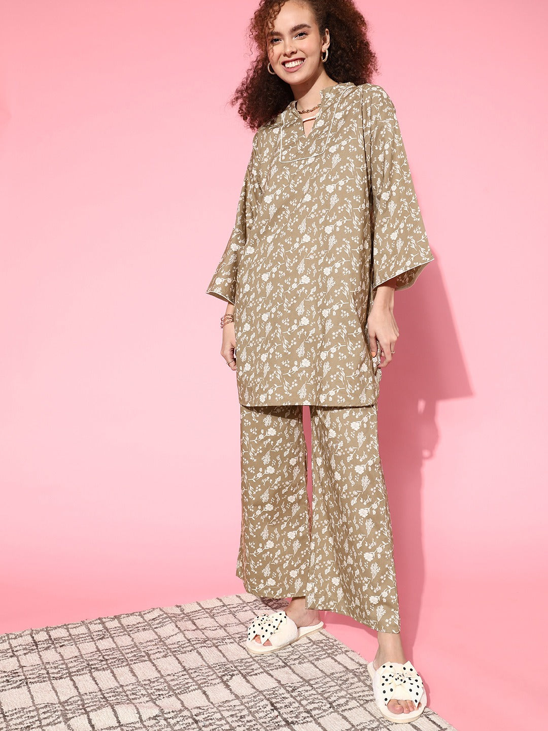 Women's Beige Floral Kaftan Pyjama Set - The Kaftan Company