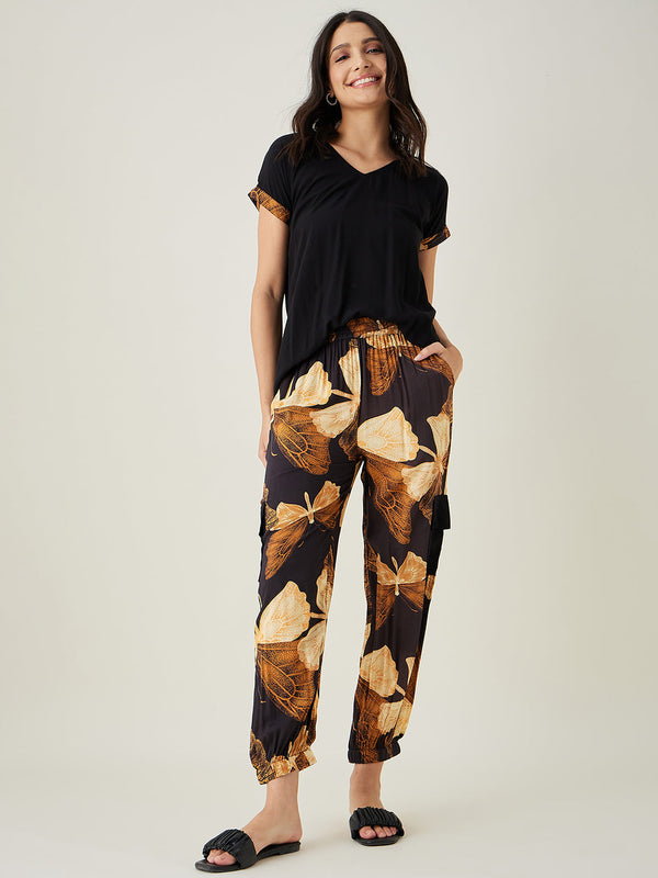 Women's Black Flutter Printed Pyjama Set - The Kaftan Company