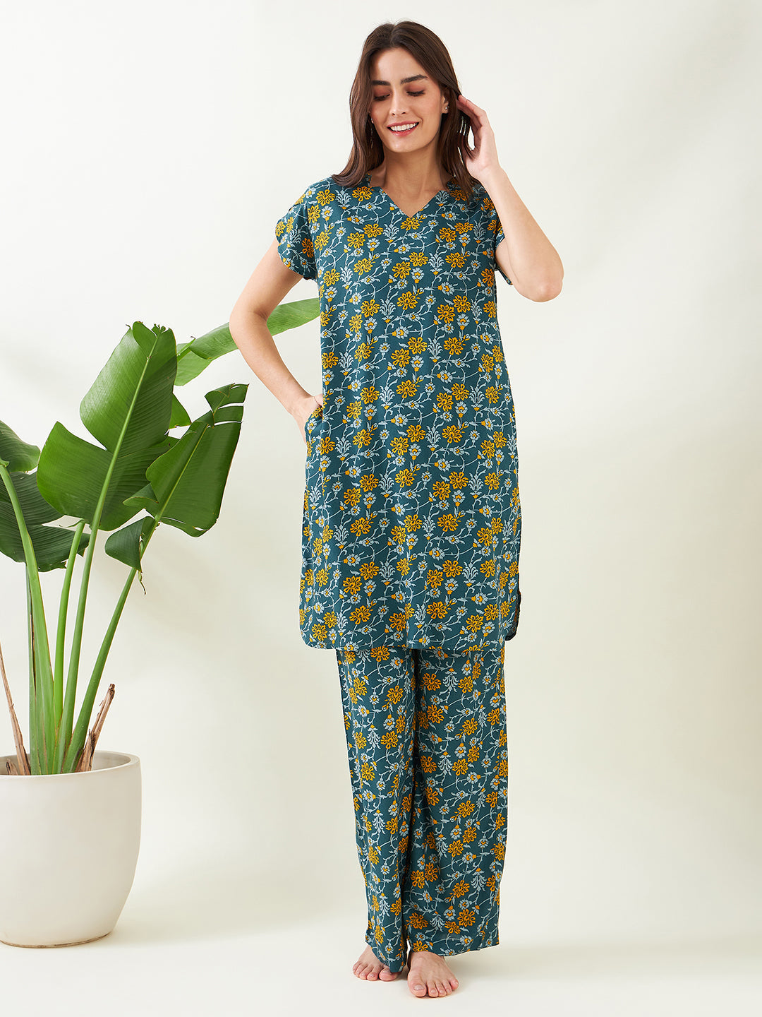 Women's Green Floral Co-Ord Set - The Kaftan Company