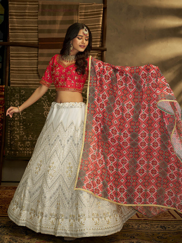 Women's White And Red Lehenga Choli Set - Odette