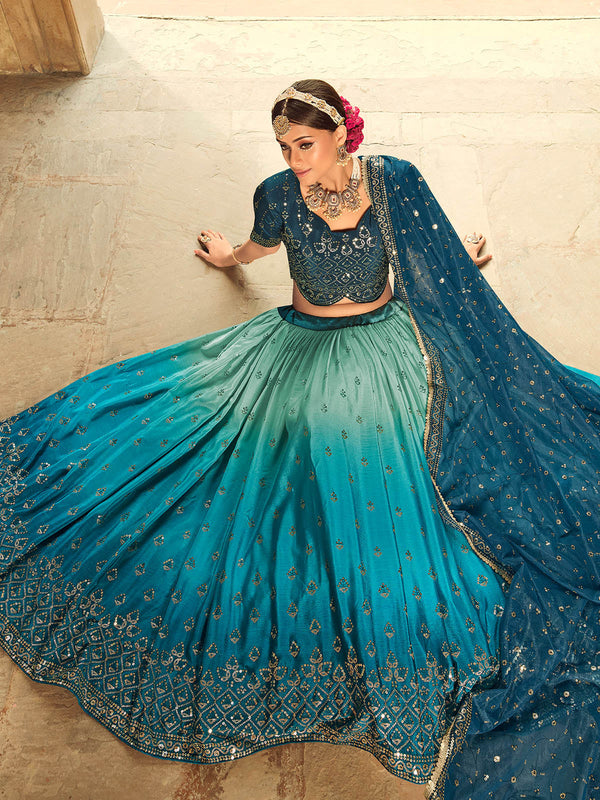 Women's Blue Shaded Lehenga Choli Set - Odette