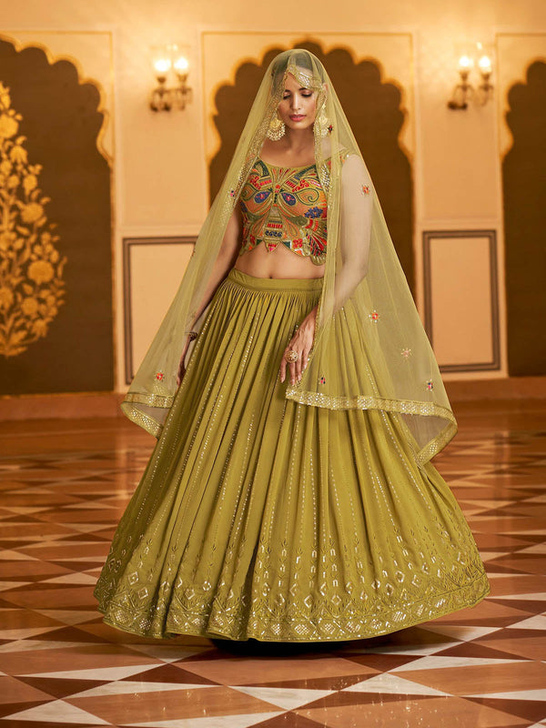 Women's Gorgeous Olive Green Lehenga Choli Set - Odette