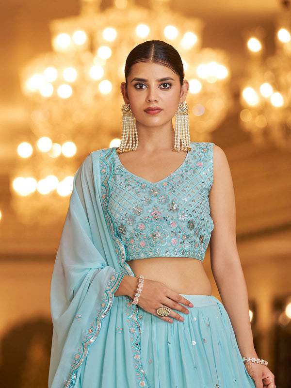 Women's Gorgeous Light Blue Lehenga Choli Set - Odette