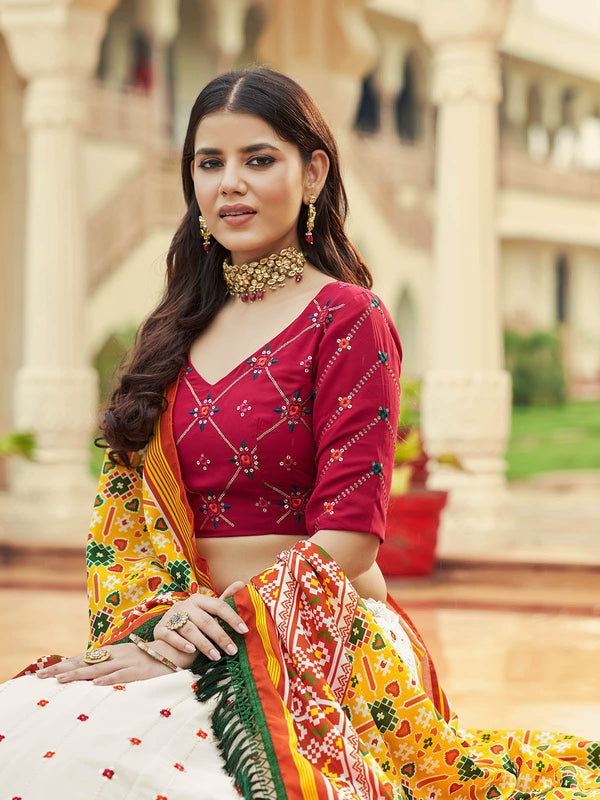 Women's White, Red, And Yellow Shaded Lehenga Choli Set - Odette