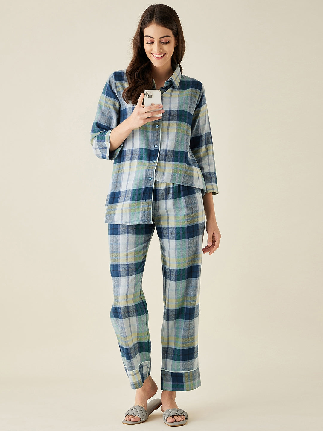 Shades Of Blue Plaid Pyjama Set - The Kaftan Company