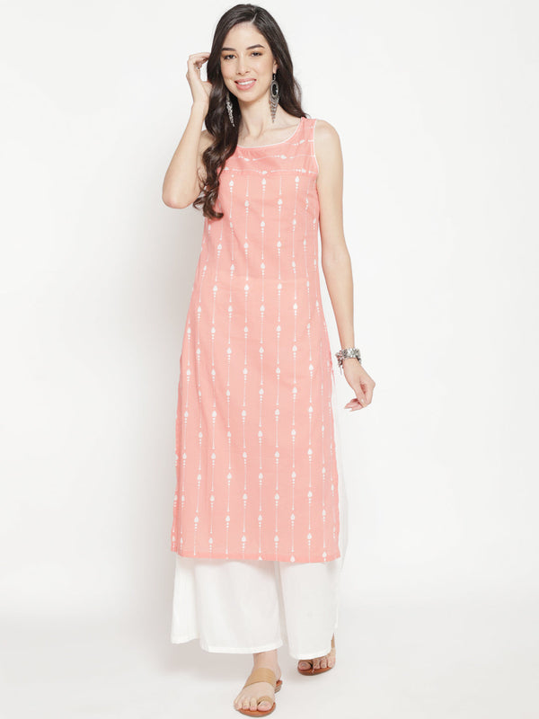 Women's Peach Printed Straight Kurta - Aks