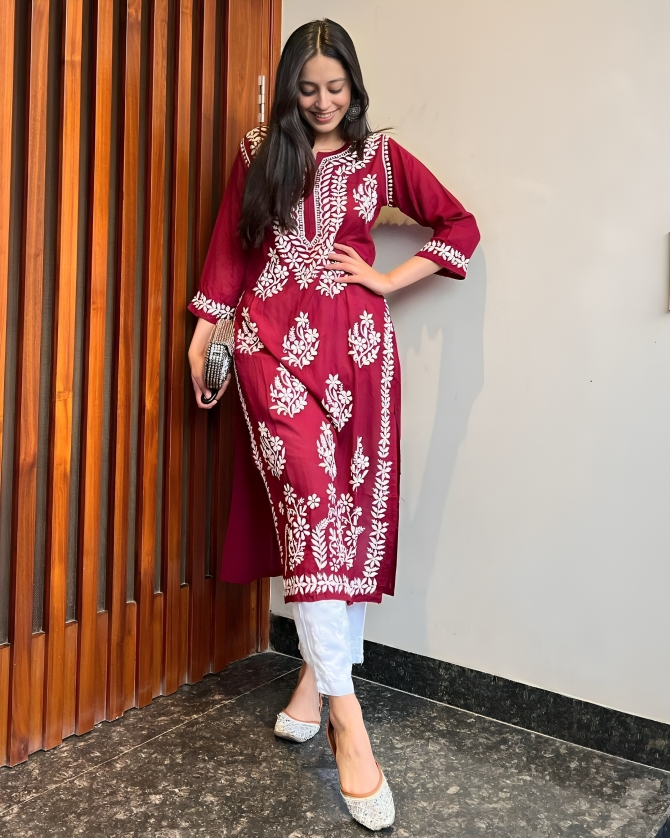 Women's Maroon Premium Rayon Embroidery Worked Lucknowi Kurta With Plazzo Set - Dwija Fashion