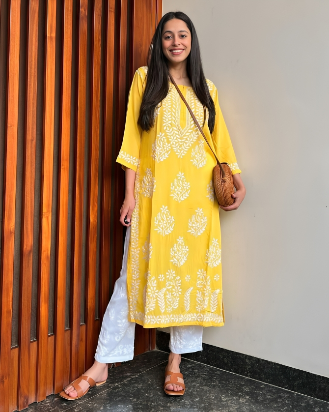 Women's Yellow Premium Rayon Embroidery Worked Lucknowi Kurta With Plazzo Set - Dwija Fashion