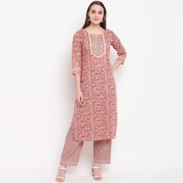 Women's Peach Cotton Kurta With Pant By Vbyuz (2Pcs Set)