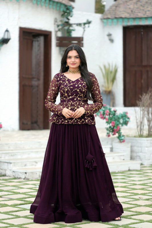 Women's Georgette Burgundy Lehenga Set - Aastha Fashion